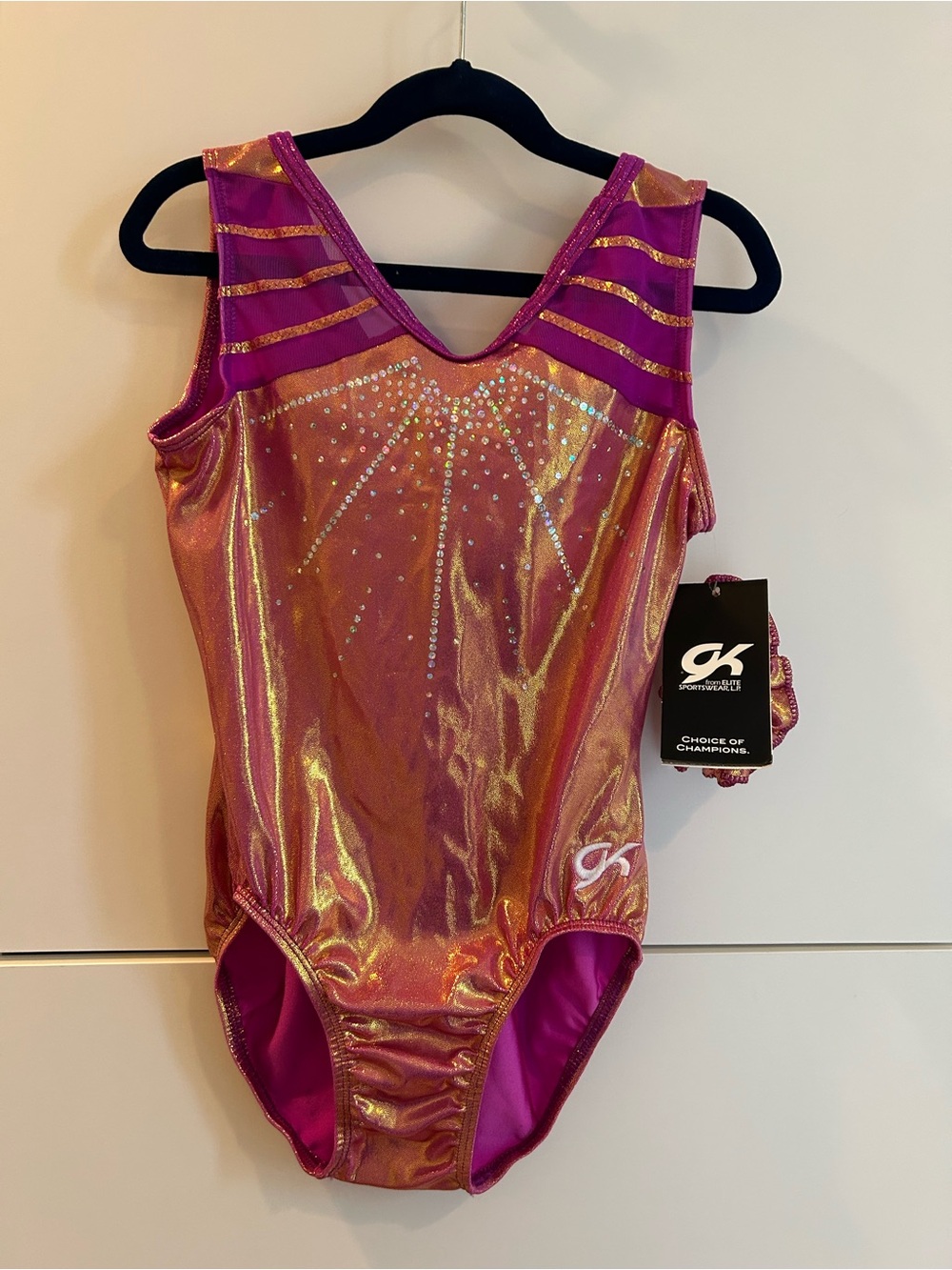 NWT GK® Girls' Shimmer Pink Gymnastics Leotard with Rhinestone Design - Size AM - Picture 2 of 12